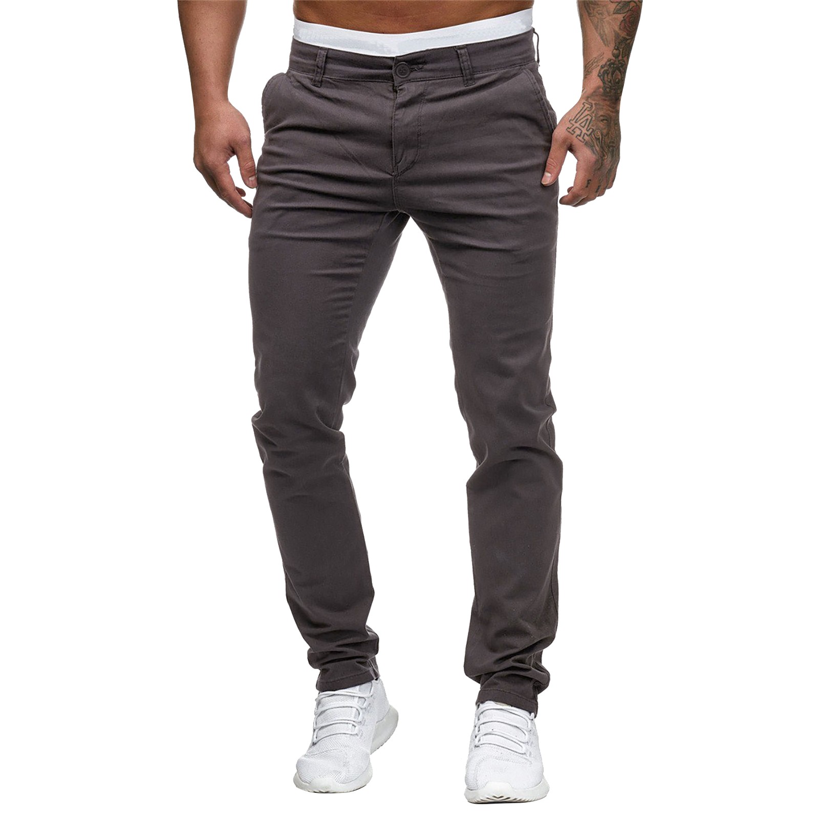 thumbnail image 2 of Pantalones informales lisos de talla grande para hombre, cintura ajustada, botones/bolsillos/cremallera decorativos, algodón, tallas M-XXXL, 2 of 8